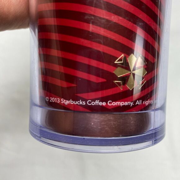 Starbucks 12oz Travel Coffee Tea Mug Red & Gold With Stars & Leaves Acrylic - Picture 6 of 10